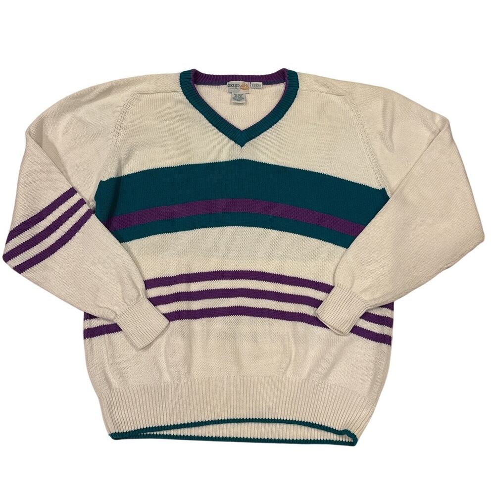 Vintage Izod Sweater Mens Size XL White Striped V Neck Knit 90s Old Money Preppy